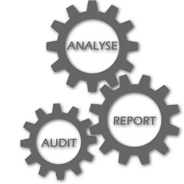 Three interlinked cogs are shown, inside each cog is the text Analyse, Audit and Report