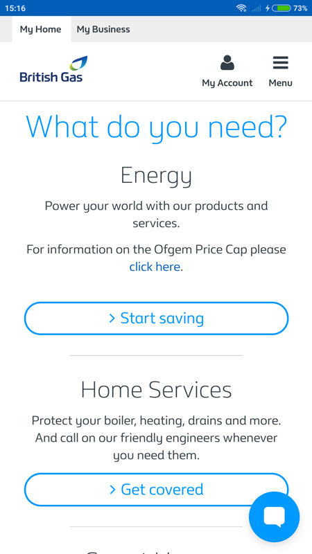 British Gas home page showing poor colour contrast