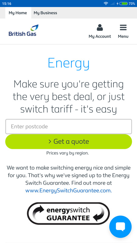 British Gas home page placeholder field with poor colour contrast