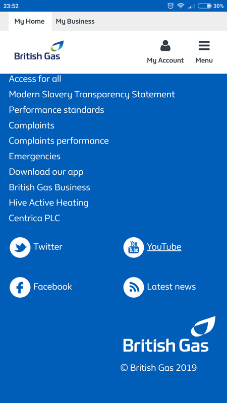 British Gas footer showing brand guidelines infringing social icons