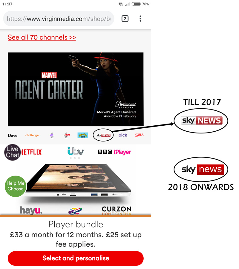 Virgin Media's use of old Sky News branding is shown against what it should be 2018 onwards