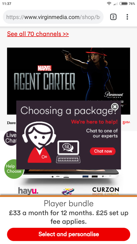 Virgin media's player bundle page, showing 4 obtrusive popups